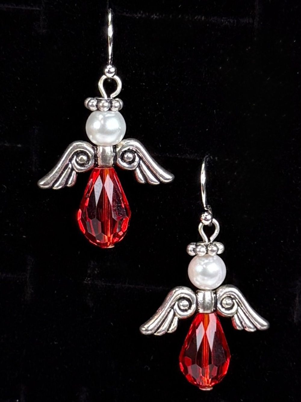 Sweet Silvertone, red and faux pearl holiday angel pierced earrings
